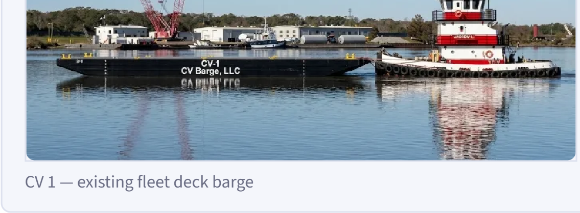 CV 1 barge underway with tug